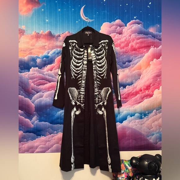 Black Skeleton Print Long Coat - Picture 1 of 4